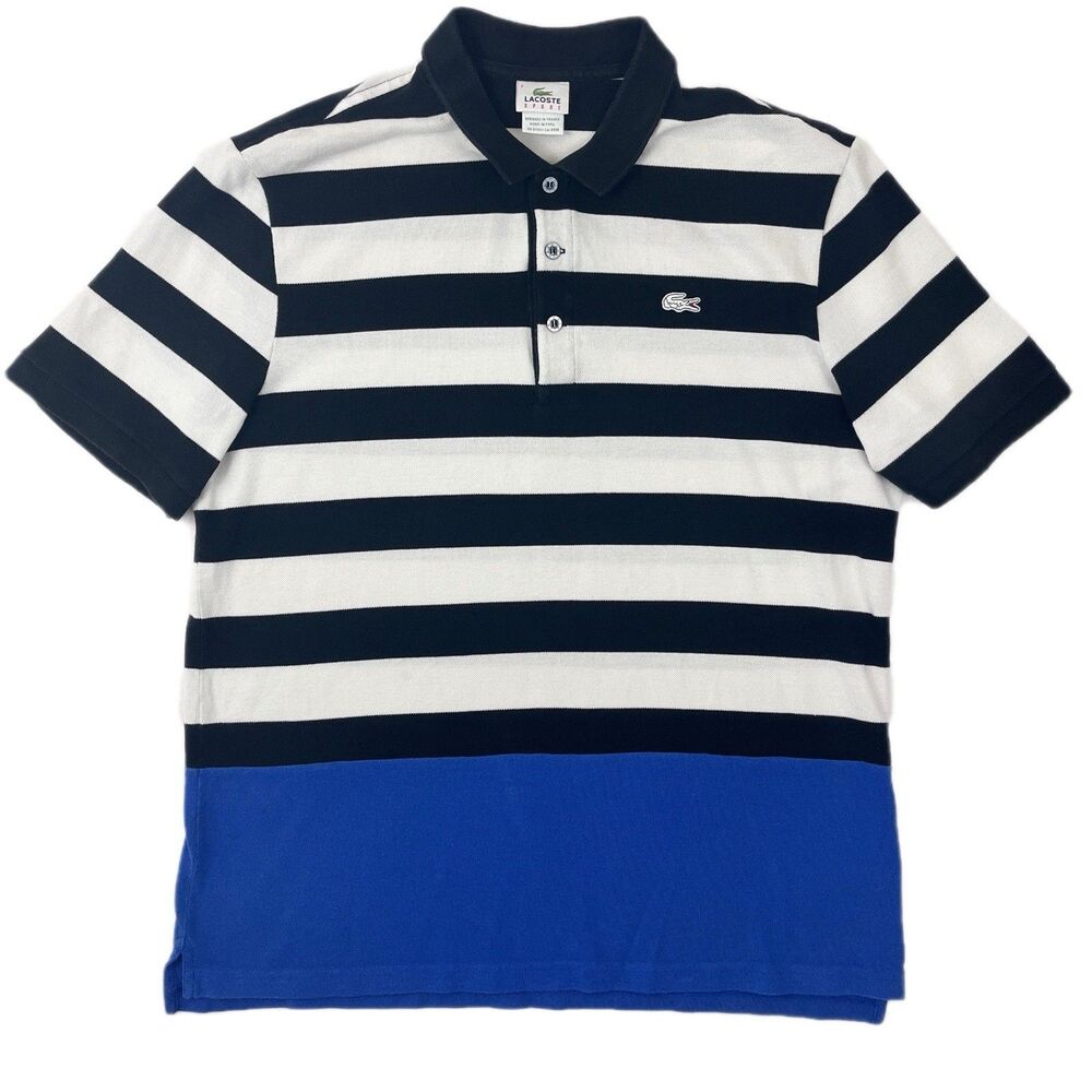 Lacoste Men’s Size 7 (2XL) Black/White Striped With Blue Colorblock Polo Y2K
